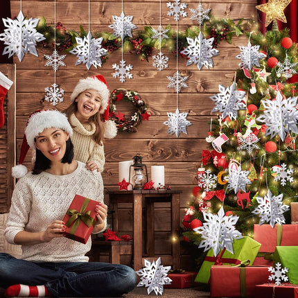 30pcs Paper Snowflakes Ornaments Decorations, 3D Silver Hanging Snowflake, Large Snowflake Garland for Christmas Decorations, Winter Wonderland Year Party Home Decorations