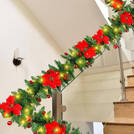 Yingzhao 2 Pcs Pre-lit 9ft Christmas Garlands with 17.7'' Artificial Xmas Wreath Poinsettia Christmas Garland Decorations with Large Red Bows Wreath Hanger for Holiday Fireplace Pathway Home Decor