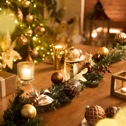 Valery Madelyn 9ft Pre-Lit Christmas Garland with Light for Mantle, Lighted Battery Operated Xmas Garland with Bronze Copper Gold Balls for Front Door Fireplace Table Centerpiece Outdoor Window Decor