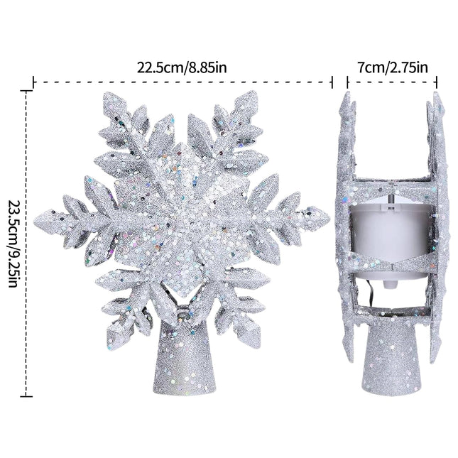 Christmas Tree Topper Lighted, Christmas Star Tree Topper LED Rotating Lights, 3D Silver Snowflake Star Tree Top Glitter Projector for Indoor Xmas Party Holiday Decorations