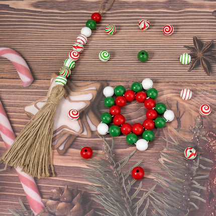 300 Pcs Christmas Wooden Beads Xmas DIY Craft Wood Beads Candy Cane Swirl Beads Red Green White 16mm Round Beads for Christmas Garland Jewelry Making Party Home Tree Decoration with Rope and Tassels