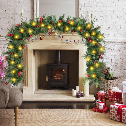 9 Ft Pre-Lit Christmas Decorations Garland with 50 Lights, Holiday PE Mixed Garland with Pine Cone Red Berry Christmas Ball Garlands for Indoor Home Holiday Year Xmas Decorations