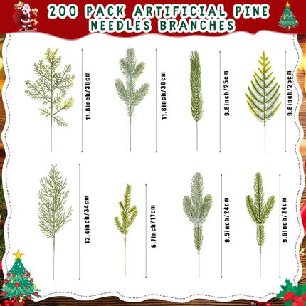 200 Pieces Faux Christmas Picks and Sprays Christmas Pine Needles Artificial Pine Branches Pine Sprigs Christmas Picks Fake Greenery Picks and Sprays for DIY Garland Wreath Decor, 8 Styles