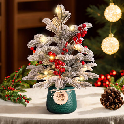 Small Christmas Tree Artificial Mini Tabletop Christmas Tree for Xmas Decor, Pine Greenery with Snow Red Berry Holiday Ornaments Indoor, for Friends Family