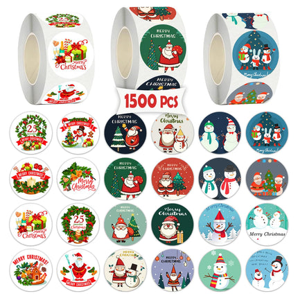 Partywind 1500 PCS Christmas Stickers for Kids, Self-Adhesive Holiday Decorative Stickers Labels for Christmas Decorations, Santa Snowman Stickers for Cards/Scrapbooking Decor (3 Rolls)