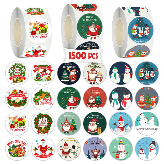 Partywind 1500 PCS Christmas Stickers for Kids, Self-Adhesive Holiday Decorative Stickers Labels for Christmas Decorations, Santa Snowman Stickers for Cards/Scrapbooking Decor (3 Rolls)