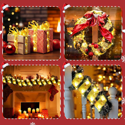 Lecone Christmas Tree Decorations, 2 Pack Christmas Ribbon Lights Total 40Ft 120LED Fairy Lights with 8 Modes & Timer, USB or Battery Operated Christmas Lights for Tree Indoor (Gold with Warm Light)