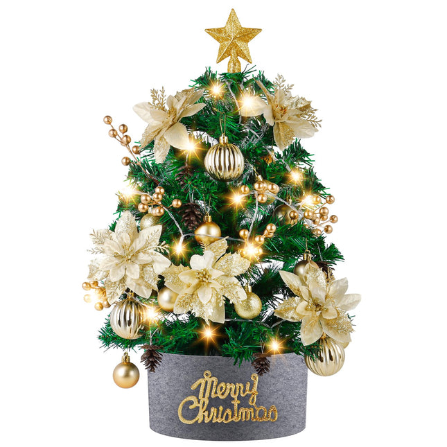Mini Christmas Tree with Lights: 2ft Tabletop Christmas Tree, Small Artificial Xmas Tree with Star Treetopper, LED String Light & Hanging Ornaments, for Desk Christmas Decors Home Office Party