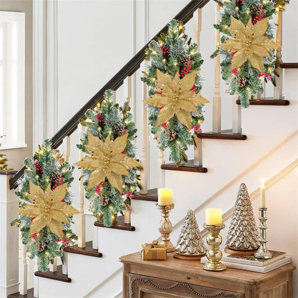 Briful 12'' Large Heads Christmas Glitter Poinsettia Flowers Christmas Tree Ornaments Set of 4 Artificial Flowers with Long Stems for Xmas Tree Party DIY Holiday Decorations,Gold