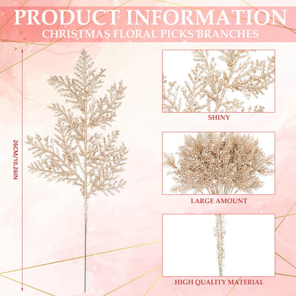 Cindeer 100 Pcs Christmas Tree Picks Sprays 10.24 Inch Glitter Artificial Pine Leaves Cedar stem Faux Pine Needles Greenery Cedar Branches Ornament for Home Garland Wreath Winter Decor(Champagne Gold)
