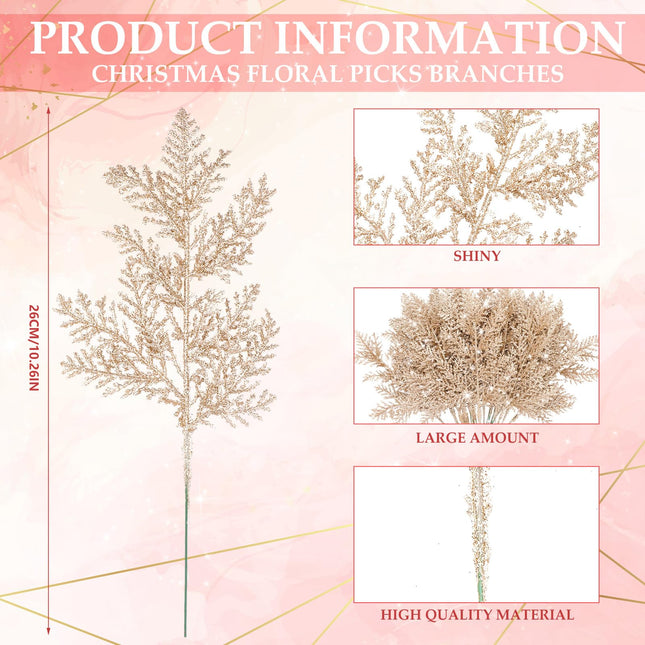 Cindeer 100 Pcs Christmas Tree Picks Sprays 10.24 Inch Glitter Artificial Pine Leaves Cedar stem Faux Pine Needles Greenery Cedar Branches Ornament for Home Garland Wreath Winter Decor(Champagne Gold)