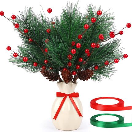 JUNEBRUSHS Christmas Picks, 6 Pack Christmas Berries Pine Picks Artificial Pine Branches Red Berries Pine Stems with Pinecones for Xmas Tree Wreath Floral Arrangement Holiday Decor