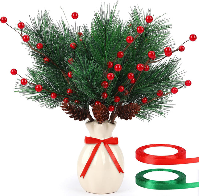 JUNEBRUSHS Christmas Picks, 6 Pack Christmas Berries Pine Picks Artificial Pine Branches Red Berries Pine Stems with Pinecones for Xmas Tree Wreath Floral Arrangement Holiday Decor