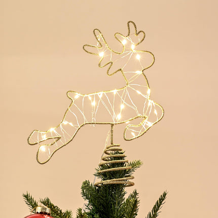 Light Up Reindeer Christmas Tree Topper, Metal Gold Glittery Elk Tree Topper with 25 LED Warm Lights, Battery Operated Cute 2D Deer for Unique Christmas Tree Decoration, Centerpiece