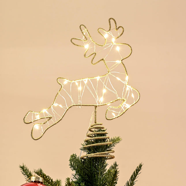 Light Up Reindeer Christmas Tree Topper, Metal Gold Glittery Elk Tree Topper with 25 LED Warm Lights, Battery Operated Cute 2D Deer for Unique Christmas Tree Decoration, Centerpiece