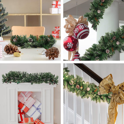 9 FT Prelit Christmas Garland with Pine Cones, Artificial Snowy Pine Garland for Christmas 50 Battery Operated Warm Lights and Timer Xmas Garlands Decor Indoor Outdoor