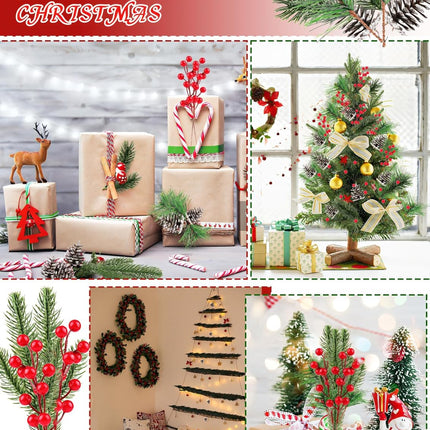 150PCS Artificial Pine Cones Branch Set, Kalolary Assorted Artificial Pine Needles Branches Snowy Christmas Tree Floral Twig Picks Christmas Red Holly Berry Stems for Xmas Winter Party DIY Craft Decor