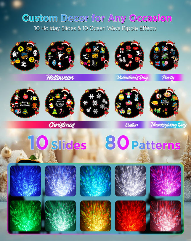 Christmas Projector Lights Outdoor, All-in-1 Holiday Lights Projector with Ocean Wave, 20 Slides, 10 Colors for House, Garden, Yard, Xmas, Year, Valentine's Day, Thanksgiving Day, Halloween