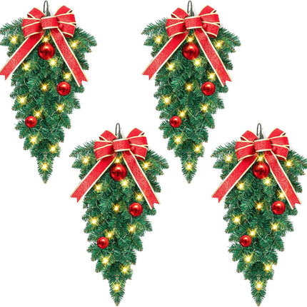 Christmas Stair Swags Teardrop Swag Wreath Stair Swag Garlands, Christmas Swag Wreaths for Front Door Holiday Wall Window Hanging Ornaments Indoor Outdoor Home Decor Set of 4 (Red Bow)