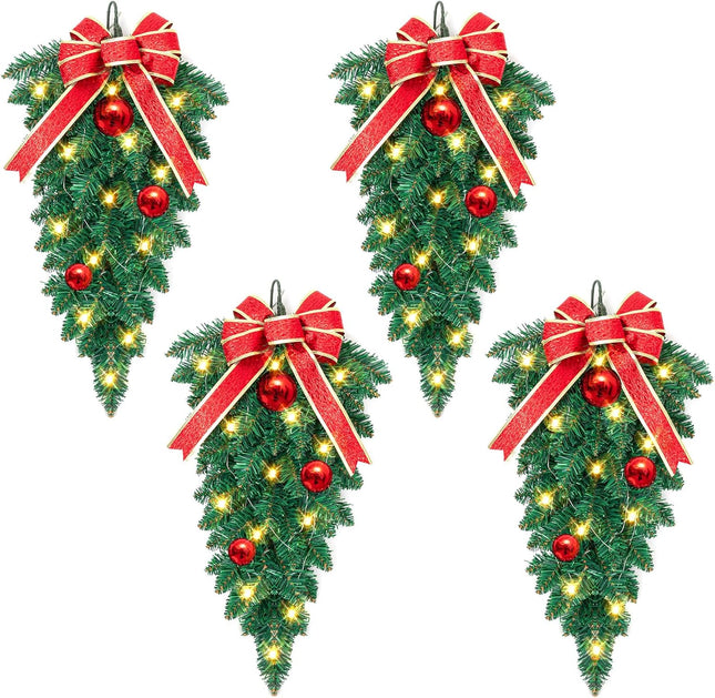 Christmas Stair Swags Teardrop Swag Wreath Stair Swag Garlands, Christmas Swag Wreaths for Front Door Holiday Wall Window Hanging Ornaments Indoor Outdoor Home Decor Set of 4 (Red Bow)