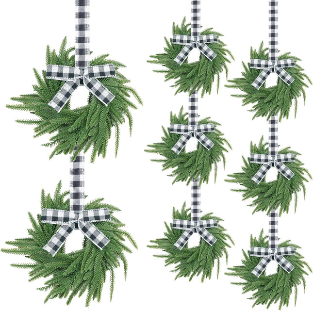 8 Pack Christmas Wreath, Real Touch Norfolk Pine Wreaths, 7.8“ Christmas Wreaths with Ribbon for Kitchen Cabinet Window Front Door Decor, Decorative Hanging Wreath for Xmas Decoration(Black and white)