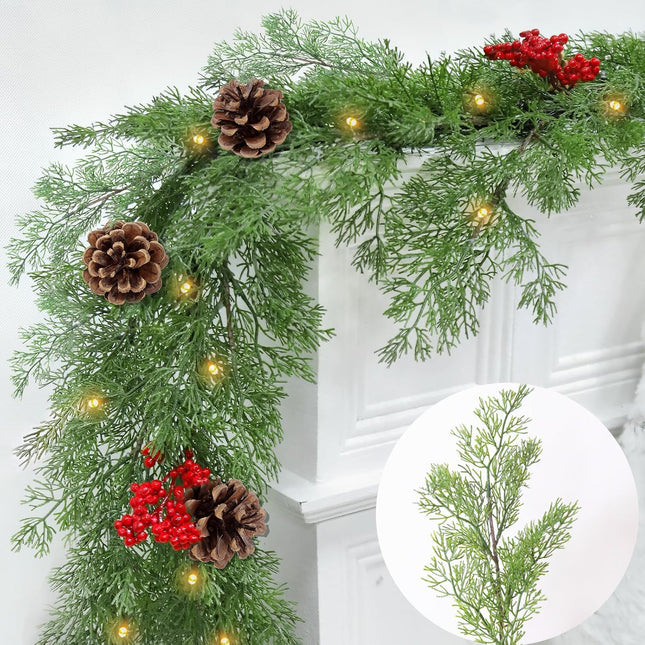 6Ft 20LED Christmas Garland - Cedar Garland - Cypress Garland Realistic-Feel PE Pine Garland Christmas Garland with Lights Timer Pinecone Berried Christmas Decoration for Mantle Fireplace Table Stairs