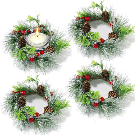 4 PCS Christmas Candle Rings, Red Berry and Pinecone Xmas Wreath Christmas Kitchen Cabinet Wreaths Pillars Table Centerpieces Hanging Garlands for Christmas Front Door Window Chair Wall Decor
