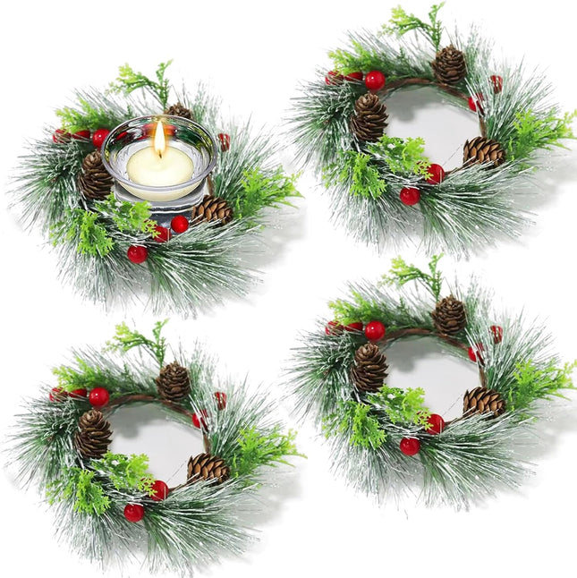 4 PCS Christmas Candle Rings, Red Berry and Pinecone Xmas Wreath Christmas Kitchen Cabinet Wreaths Pillars Table Centerpieces Hanging Garlands for Christmas Front Door Window Chair Wall Decor