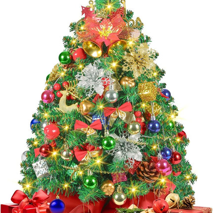 2FT Mini Christmas Tree, Artificial Tabletop Christmas Tree with 60 LED Lights, Prelit Small Christmas Tree, 100 Branch Tips, 80 Ornaments, Indoor Christmas Table Decor for Home Party
