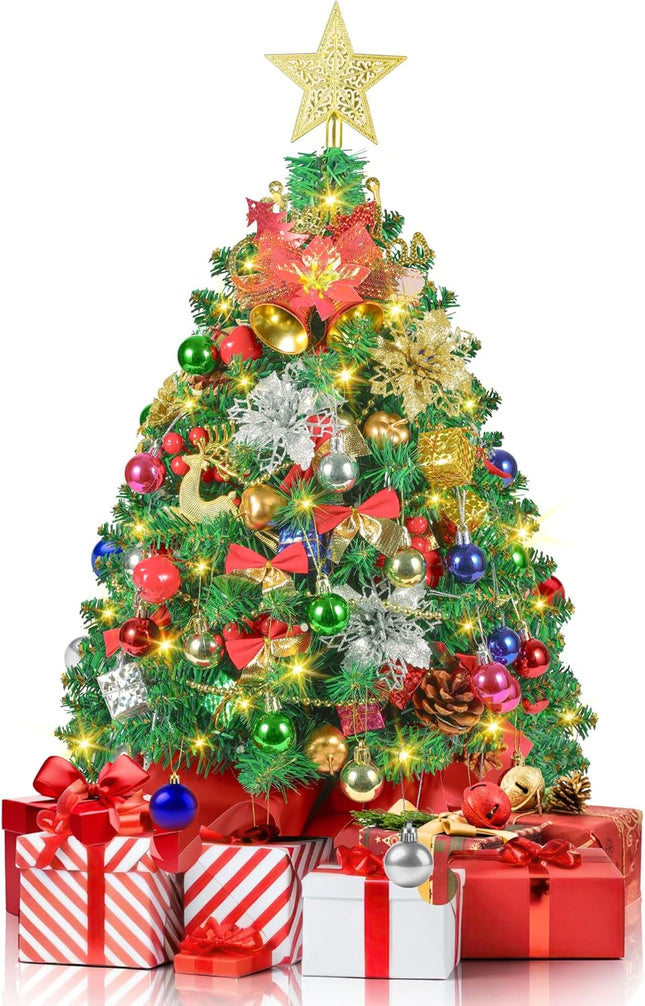2FT Mini Christmas Tree, Artificial Tabletop Christmas Tree with 60 LED Lights, Prelit Small Christmas Tree, 100 Branch Tips, 80 Ornaments, Indoor Christmas Table Decor for Home Party
