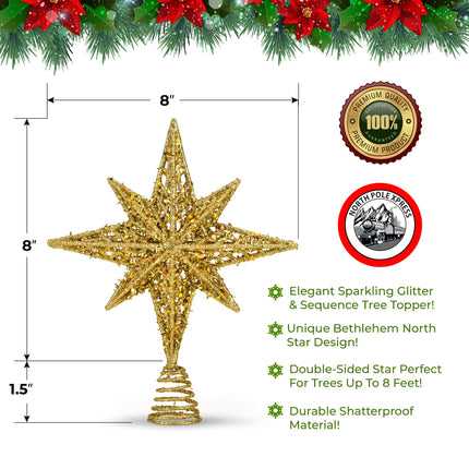 8 Inch Bethlehem Glitter Gold Star Christmas Tree Topper Christmas Tree Toppers Christmas Star Tree Topper Rustic Tree Toppers Christmas Decorations Christmas Tree Topper Star For 3-6 ft Trees