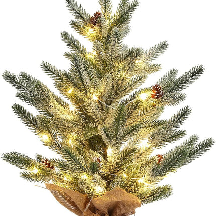 LinTimes 24 Inch Table Top Small Christmas Tree with 50 LED Lights, Prelit Mini Christmas Tree Frosted Pine Tree with Red Berries for Home Table Centerpiece Dining Room Office Desk Decorations