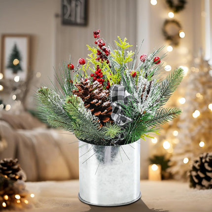 Small Christmas Tree Artificial Potted with Pinecones Berries Christmas Centerpiece Table Decorations, Christmas Flower Arrangements for Indoor Home Fireplace Mantel Xmas Decor