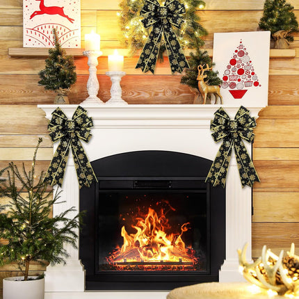 Whaline 2 Pack Christmas Wreath Bow Black Gold Snowflake Burlap Bow Xmas Decorative Tree Topper Ornaments Bow for Winter Indoor Outdoor Home Party Decor, 19.7 x 11.4 Inch