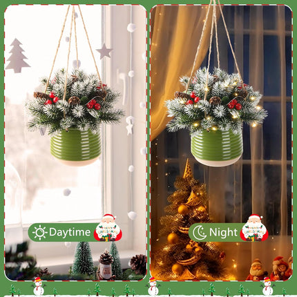Artificial Christmas Hanging Basket,17 Inch Hanging Small Christmas Tree,Snow Flocked Christmas Tree with Pine Cones and Berry Clusters for Front Porch Garden Patio Outdoor Christmas Decoration