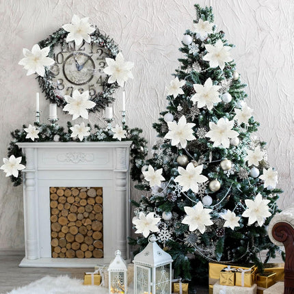 Xinnun 40 Pcs Christmas Tree Decorations 5.5 Inch Poinsettias Artificial Flowers Ornaments Xmas Flowers with Stems for Wedding Party Wreath Decoration Wedding Home(White)