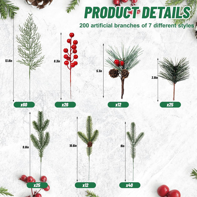 200 Pcs Christmas Artificial Pine Needles Branches Garland Red Berries Stems Greenery Pine Picks with Pinecone Artificial Pine Picks with Red Berries and Natural Pinecones for DIY Wreath