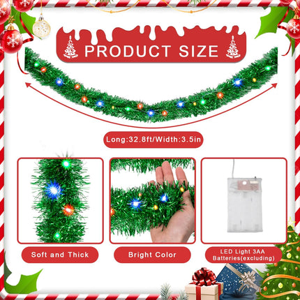 Christmas Garland Prelit Tinsel 32.8 Ft, Green Metallic Garlands with 100 LED Lights for Christmas Tree Wreath Year Party Home Railing Holiday Indoor Outdoor Wedding Decorations