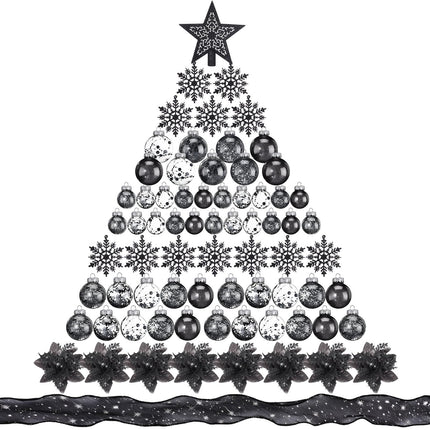 Jenaai 74 Pcs Christmas Ball Ornaments Set Plastic Shatterproof Christmas Tree Decorations with Hanging Snowflakes Ribbons Artificial Poinsettia Flowers Tree Topper for Xmas Tree Decor(Black)
