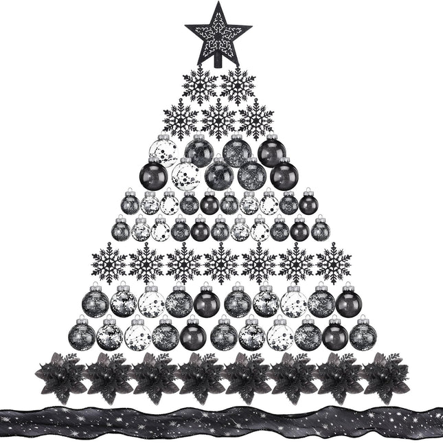 Jenaai 74 Pcs Christmas Ball Ornaments Set Plastic Shatterproof Christmas Tree Decorations with Hanging Snowflakes Ribbons Artificial Poinsettia Flowers Tree Topper for Xmas Tree Decor(Black)