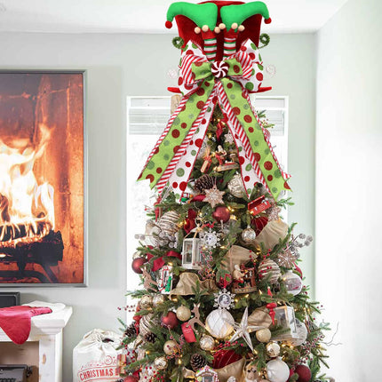 Christmas Tree Topper Hat with Bow, Red Velvet Top Hat Ornament with Elf Legs and Red & Green Polka Dot Bow, Winter Holidays Xmas Decor for Home Decoration