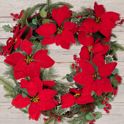 2 Pack Poinsettia Garland Christmas Decorations, Velvet Silk Artificial Flowers 6ft Garland with Red Berries and Holly Leaves for Indoor Outdoor Party Tree Decor