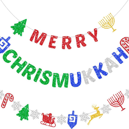 Merry Chrismukkah Banner Glitter Christmas Hanukkah Mixed Banner Christmas Banner Hanukkah Banner Decor Party Decorations Chanukah Festival Party Supplies
