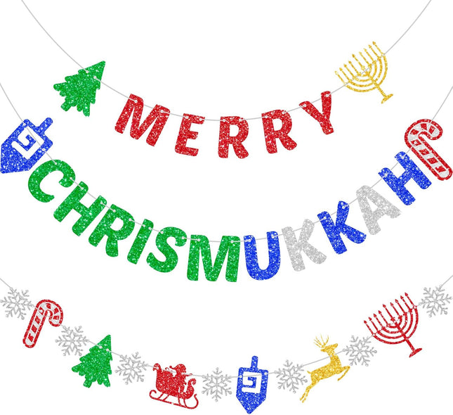 Merry Chrismukkah Banner Glitter Christmas Hanukkah Mixed Banner Christmas Banner Hanukkah Banner Decor Party Decorations Chanukah Festival Party Supplies