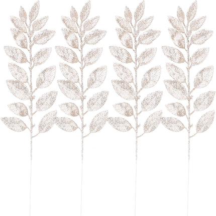 Sea Team 36-Pack Artificial Glitter Acacia Twigs, Decorative Sticks, Glittery Leaves, Stems, Picks, Branches for Christmas Tree, Wreath, Vase Fillers for Centerpieces, Home Décor, Champagne