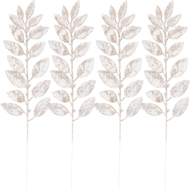 Sea Team 36-Pack Artificial Glitter Acacia Twigs, Decorative Sticks, Glittery Leaves, Stems, Picks, Branches for Christmas Tree, Wreath, Vase Fillers for Centerpieces, Home Décor, Champagne