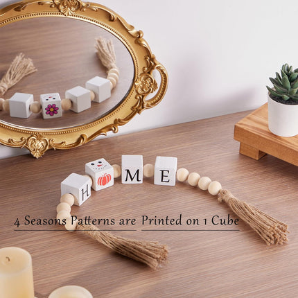 Christmas Decorations, Farmhouse Christmas Decor, Reversible 4 Seasons Wooden Beads Garland, Decorative Beads Home Decor for Tabletop, Mantel, Shelf, Tiered Tray