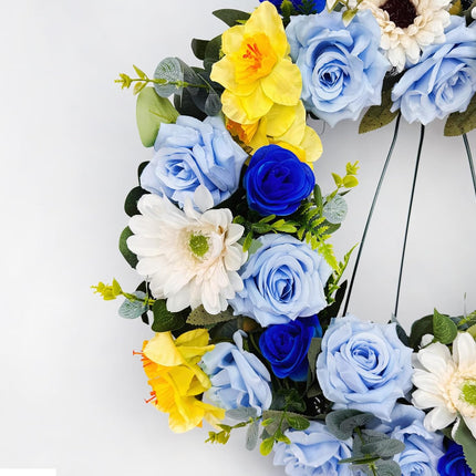 MUVIC Handmade Cemetery Wreath with Grave Holder, Artificial Flower Wreaths for Tombstone Decoration of Memorial Day/Mother's Day/Father's Day/Christmas,Blue,Yellow,White