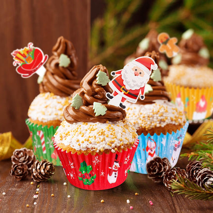 Christmas Cake Liners with Toppers Picks, Standard Wrappers Cake Disposable Baking Cups Muffin Liners for Xmas Holiday Party Favors, Party Decorations for Christmas Baking Supplies