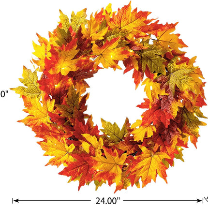 Glitzhome 24 Inch Pre-lit Fall Wreath Autumn Wreath for Front Door, Lighted Maple Leaves Wreath with Timer for Thanksgiving Halloween Christmas Wreath Wall Front Porch Home Decoration
